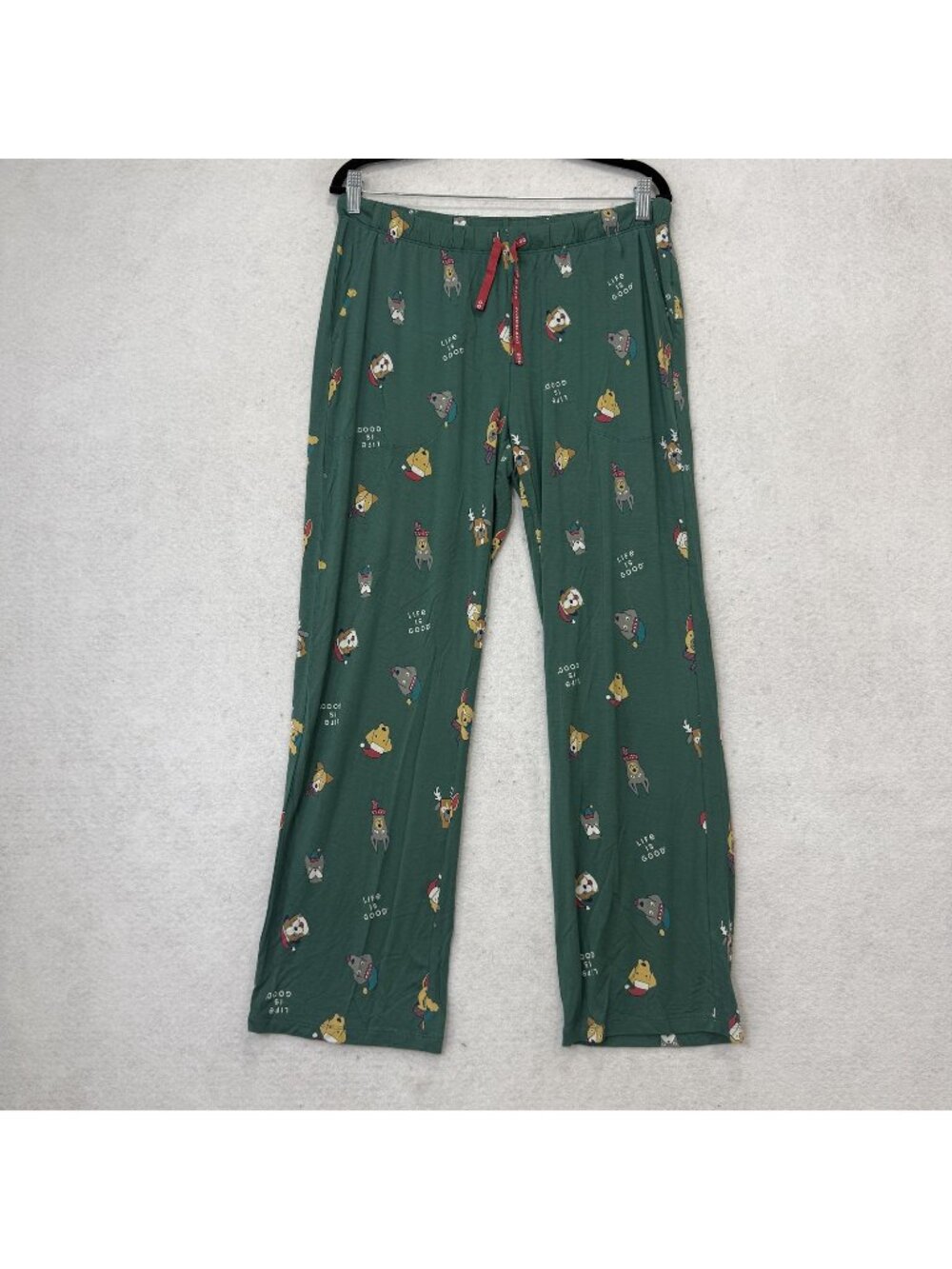Life Is Good Pajama Pants Womens Medium Green Dog Christmas Print Sleep Lounge